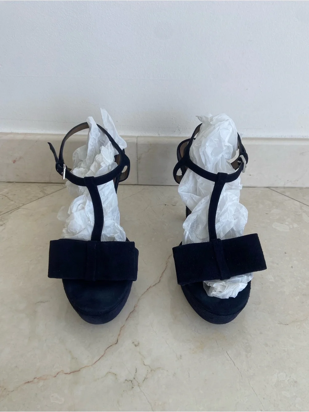 Marni Dark Navy Blue Suede T-Strap Bow Platform Sandals with Dust Bags